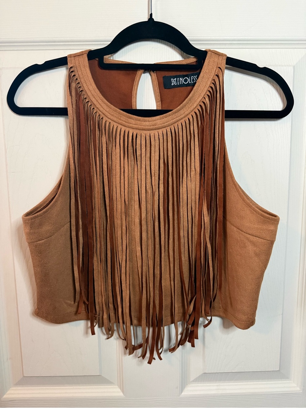 NoLess Faux Suede Brown Fringe Crop Tank Top Woman’s Size Small NEW!